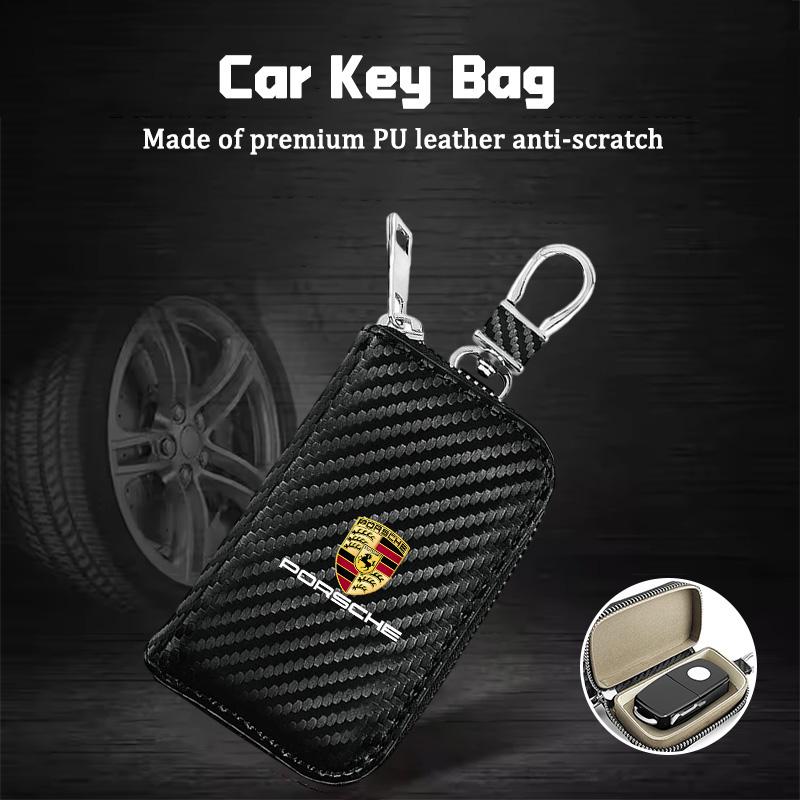 Housse de Boîte à Clés de Voiture en Cuir Fibre de Carbone Porte-clés pour Porsche Panamera Cayenne Taycan 911 718 Macan Carrera-GT 928 968 Accessoires