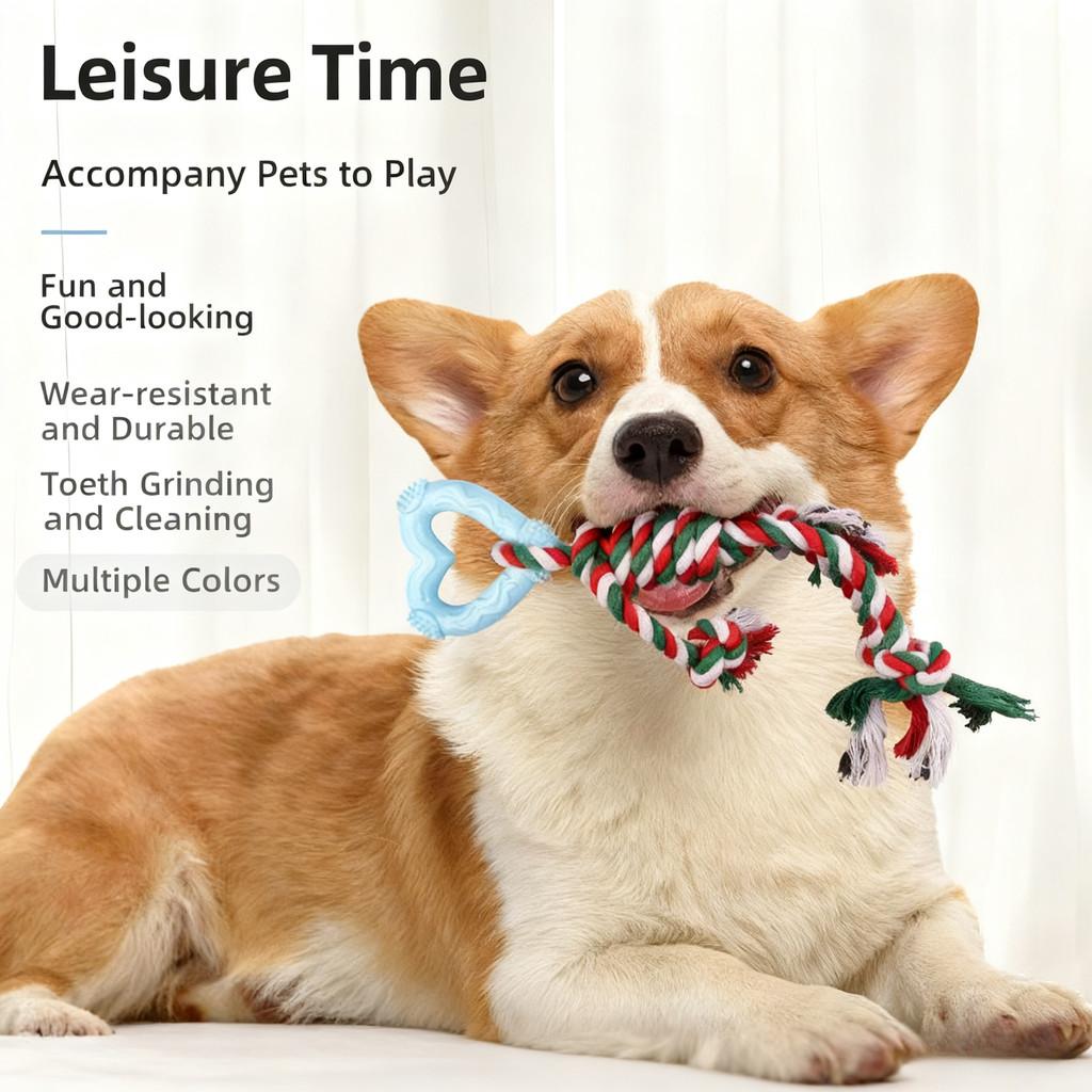 Neues Weihnachts-Welpen-SchleifspielzeugTPR+Baumwollseil Kauspielzeug Geeignet für Aggressive Kauer, Leicht zu Reinigen Indoor- und Outdoor-Zahnreinigungsspielzeug für Haustiere