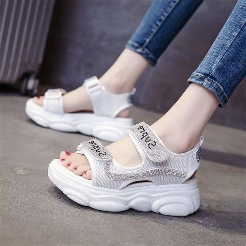 Women's 2025 Summer Fashion Roman Sandals: Versatile Rhinestone Velcro Strap Platform Flats