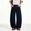Men Women Straight Cut Denim Pants Deep Blue Washed Cotton Low Rise Casual Trousers