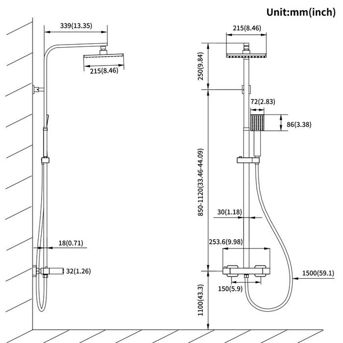 Colonne de Douche - Mitigeur thermostatique - 2 Fonctions Ensemble de Douche Noir en Laiton - Haute Réglable 110-137 cm