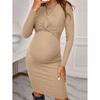 Maternity Cotton Dress Long Sleeve Slim Fit Twist Front A Line Pregnant Women