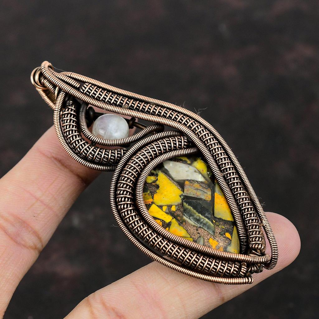 Copper Bumble Bee Jasper Pendant Copper Wire Wrapped Pendant Moonstone Gemstone Pendant Handmade Jewelry Stylish Pendant Copper Wire Jewelry