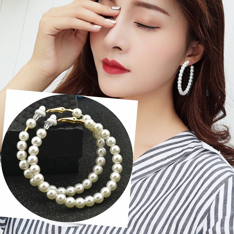 Fashion Exaggerated White Pearl Clip on Earrings Non Pierced for Women Elegant Large Trend Circle Hoop Earrings Party Jewelry