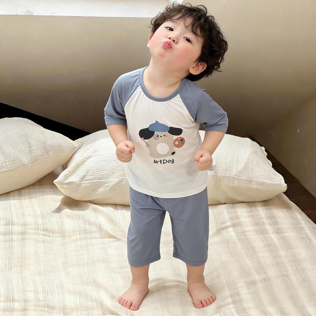 Sommer-Schlafanzug-Set mit Sieben-Ärmeln aus Eis-Seide für Kinder – Süße Loungewear für Jungen & Mädchen