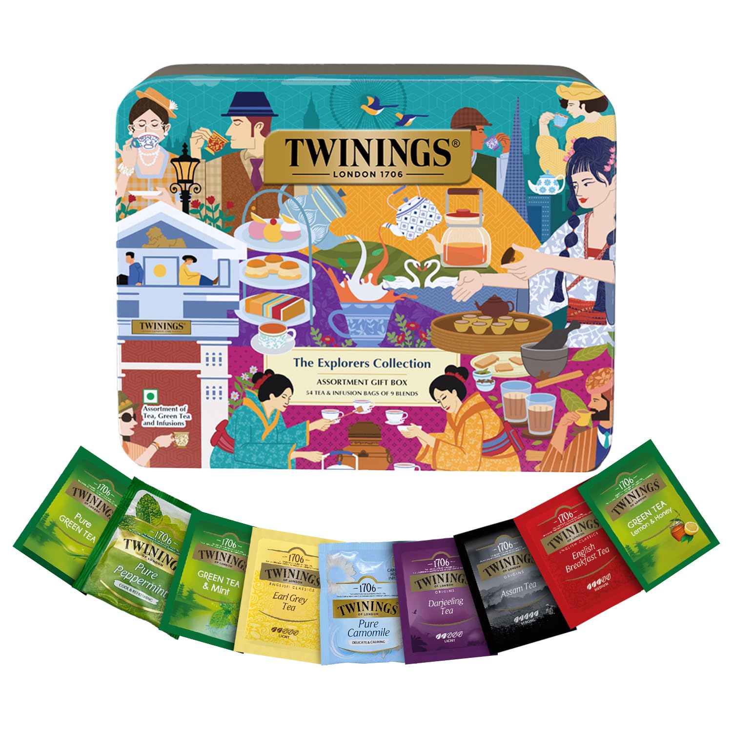 Twinings The Explorers Collection Assortment Tea Gift Set, Teabags 54 Pcs, 9 Tea Flavors Set, Green Tea Bags, English Breakfast Tea Bags, Chamomi