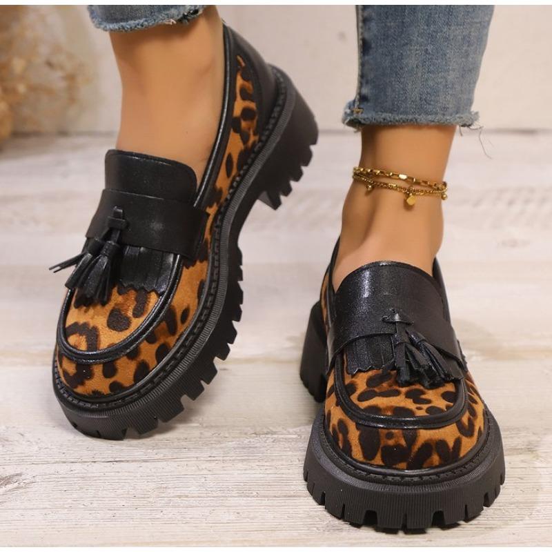 Fashion Women's Fashion Leopard Patchwork Slip-on Loafers Chunky Heel Platform Flats 2025 New Moccasins Casual Shoes Plus Size Zapatos