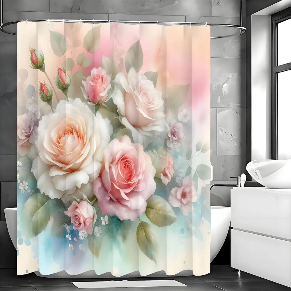 Spring Rose Flower Shower Curtain, Bathroom Decorative Shower Curtain, Waterproof Shower Curtain with Hooks