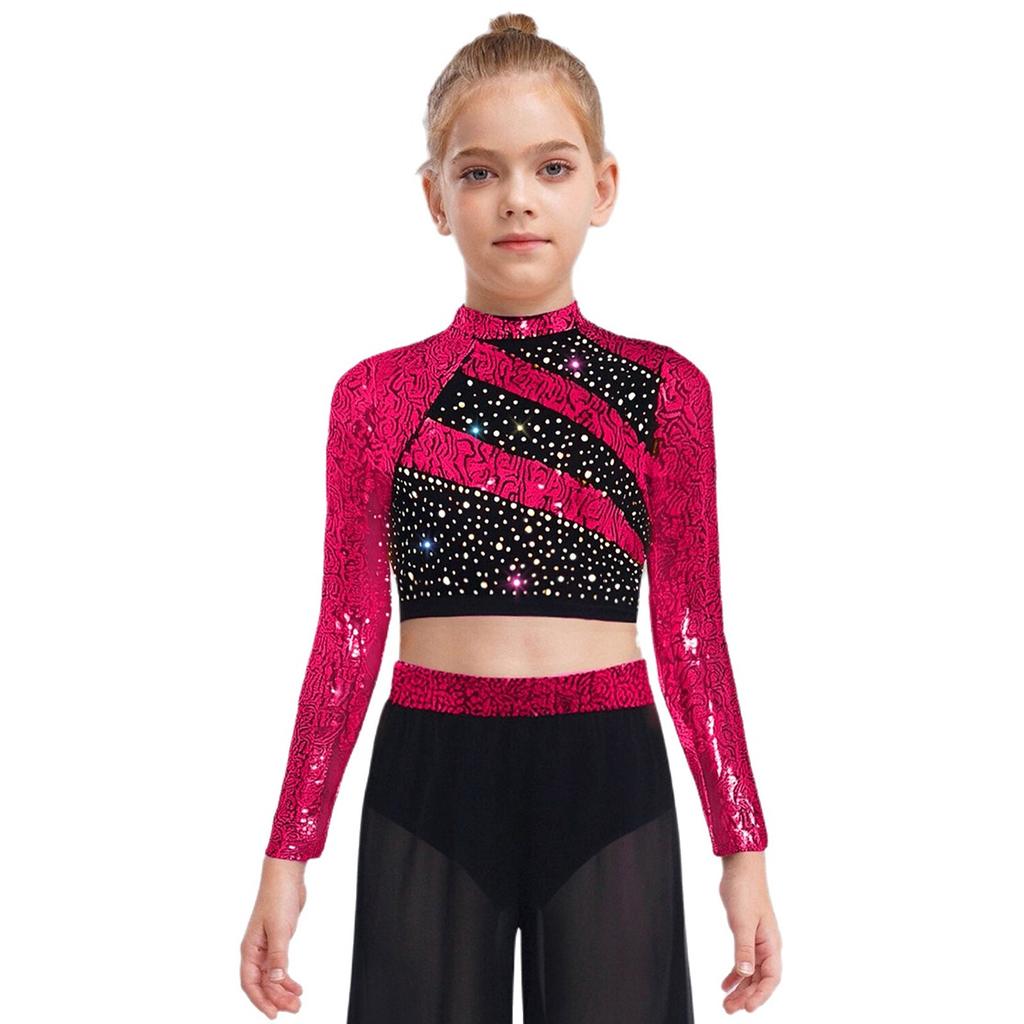 Mädchen Rollkragen Langarm Pailletten Strass Crop Top Cutout Rücken Druckknopf Tanz Top