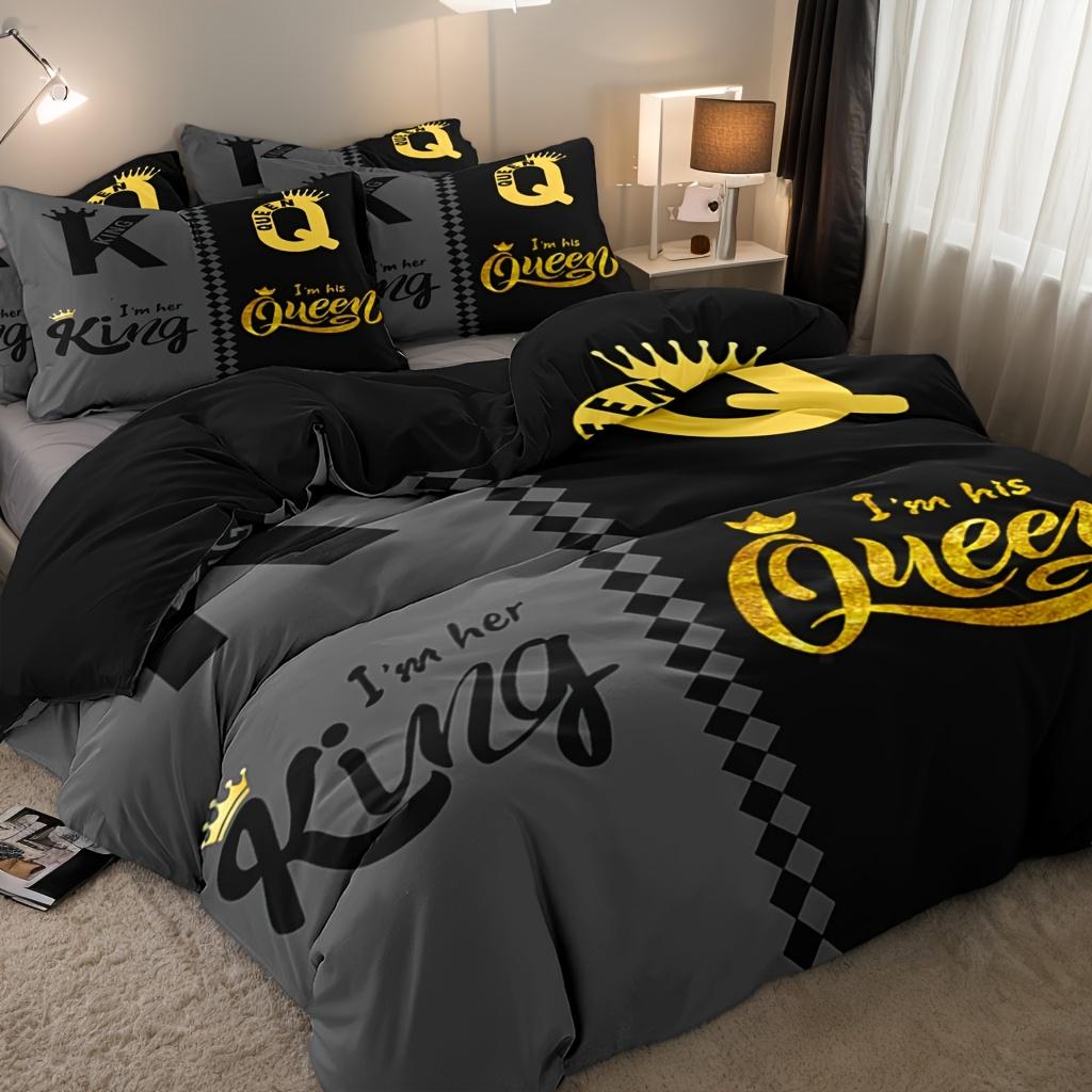 Valentine'S Day King And Queen Duvet Cover Set Crown Design Print Soft And Breathable Polyester Machine Washable