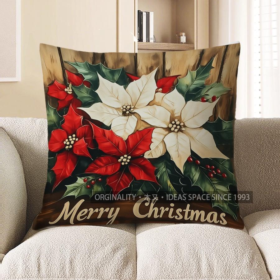 Home Decor Christmas Lantern With Poinsettias Pillow Cover Pattern Cushion Cover Suitable For Sofa Bedroom Car Pillow Cover