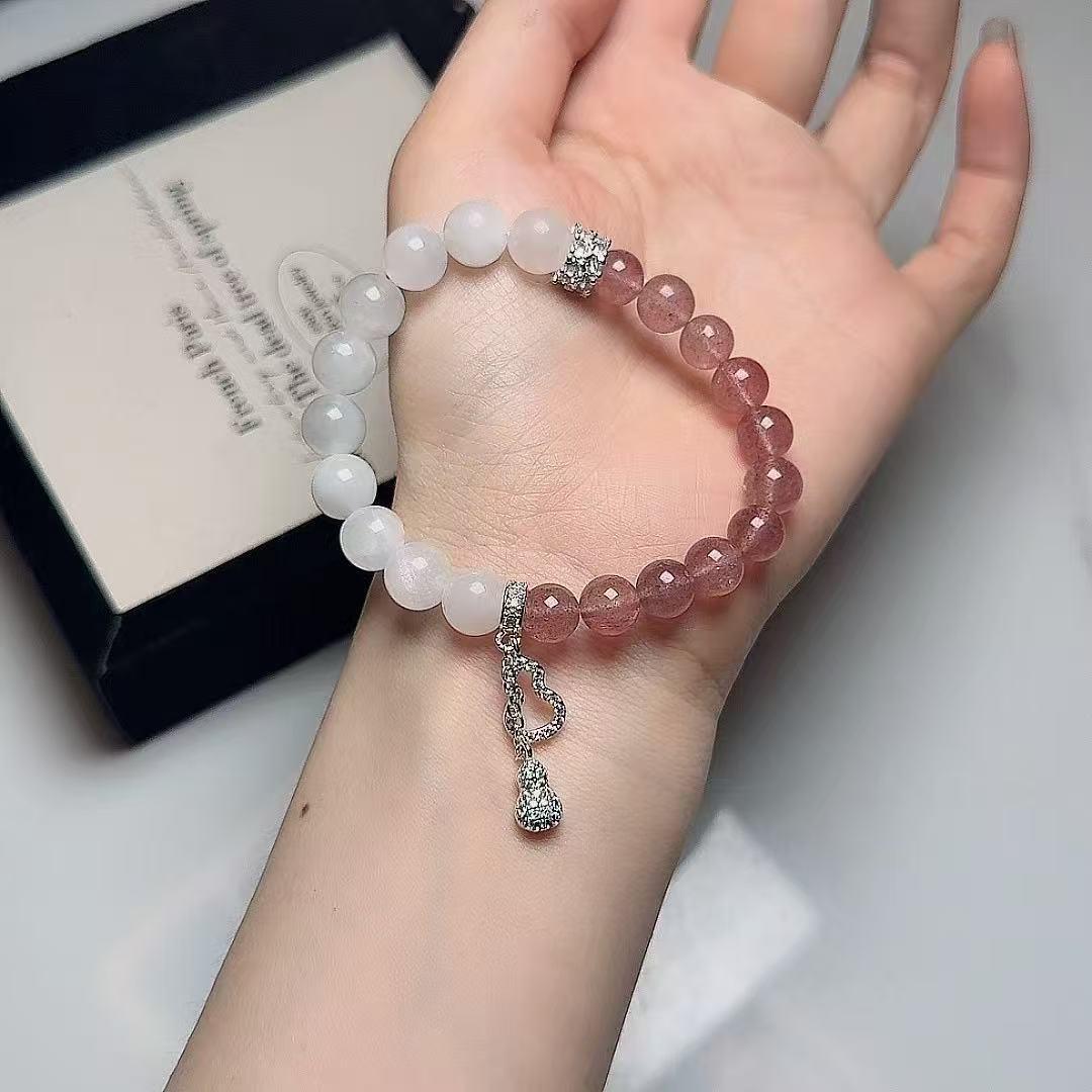 2025 Natural Strawberry Quartz & White Moonlight Crystal Light Luxury Bracelet - Xiaohongshu Style