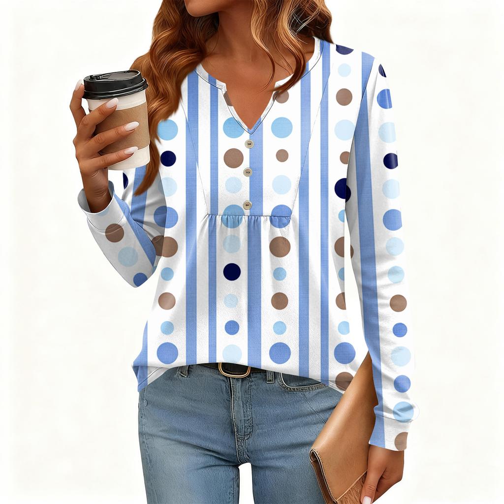 Women's Relaxed,Fit V,Neck Vintage Color,Blocked Floral Print Long,Sleeve Pullover Tee