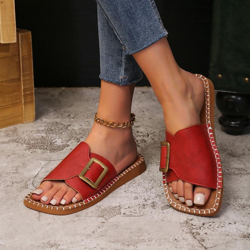 Fashion Plus Size 2025 Summer New Open Toe Women’s Slippers Round Toe Buckle Sewing Flat with Slippers for Outdoor Daily & Casual Sandal