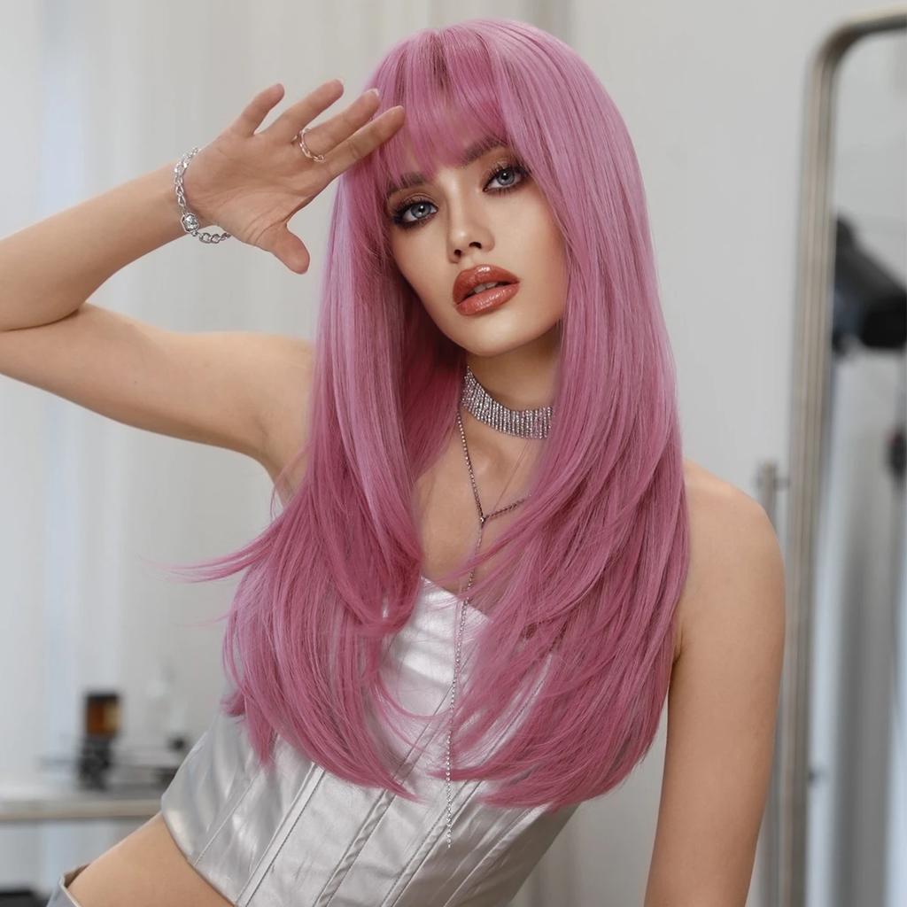 Profesionální Dlouhá Rovná Sakura Růžová Paruka pro Černošky Přírodní Syntetické Volné Vrstvené Vlasy Paruky s Ofinou Vysoká Hustota 26 Palců