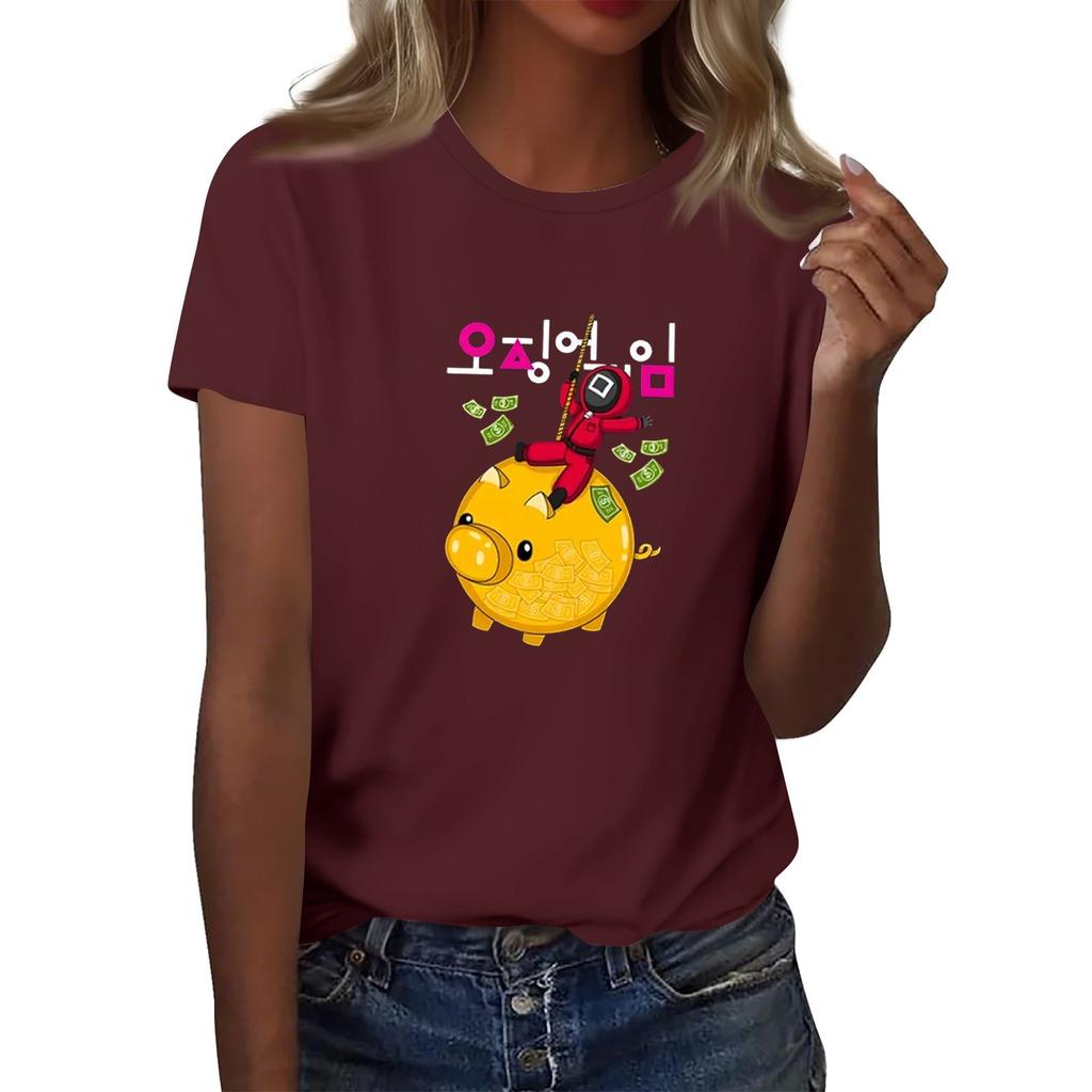 Damen Rundhals Bedrucktes Kurzarm T-Shirt Top