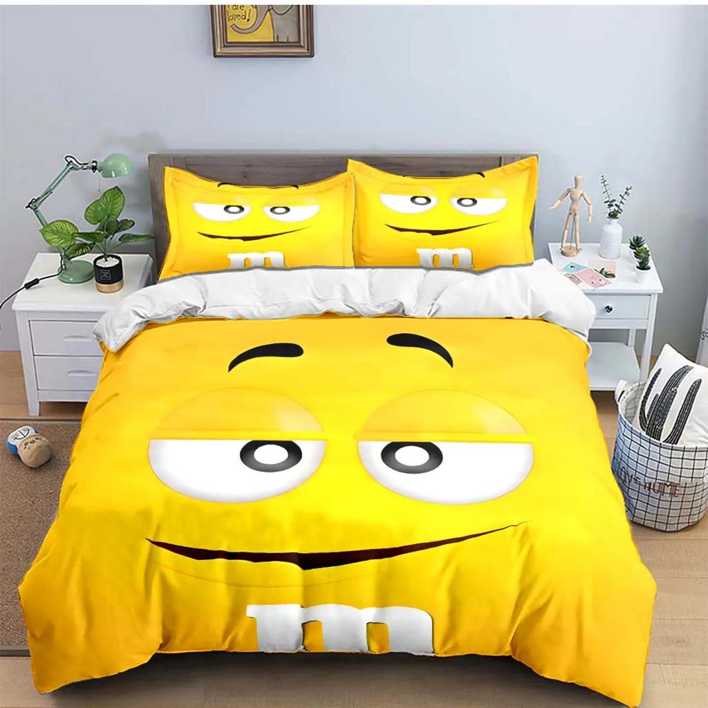 Set di biancheria da letto con stampa del logo del cioccolato M&M alla moda, set di biancheria da letto squisito, set copripiumino, set di piumoni, set di biancheria da letto, regalo per bambini