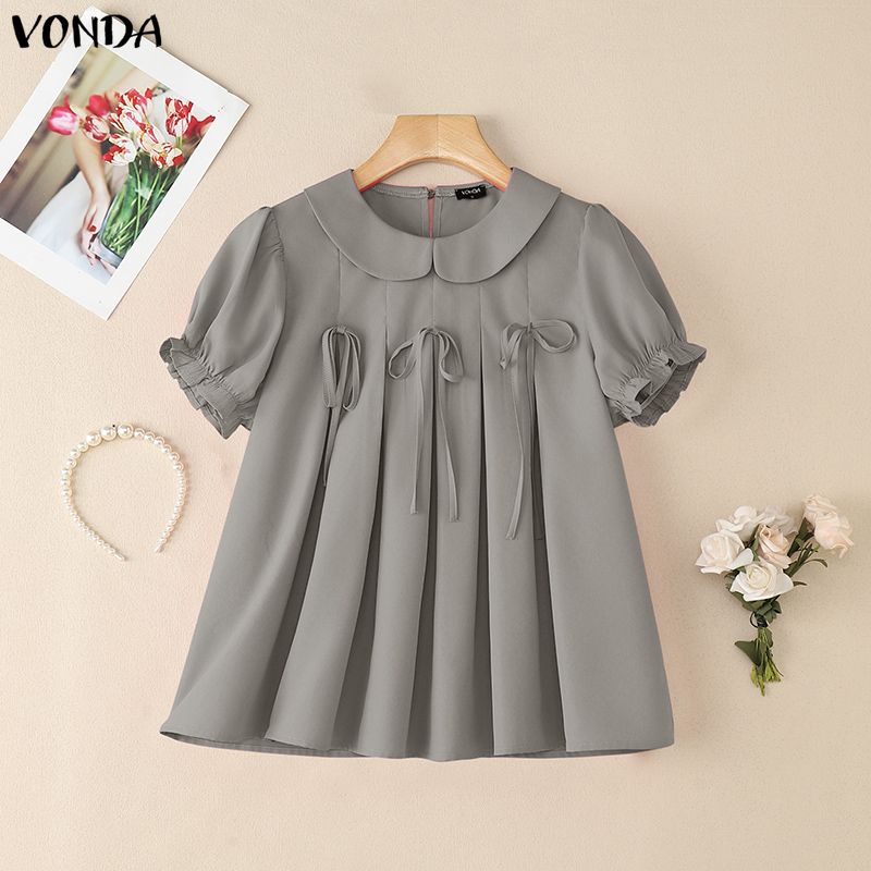 

VONDA Women Casual Lapel Collar Puff Sleeve Ruffled Casual Blouse T-shirts 5XL серый
