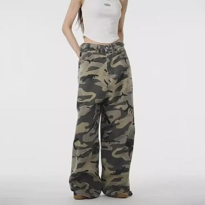 Unisex American Retro Camouflage Straight Jeans - High Street Style, Handsome, Casual, Loose Workwear Long Pants.