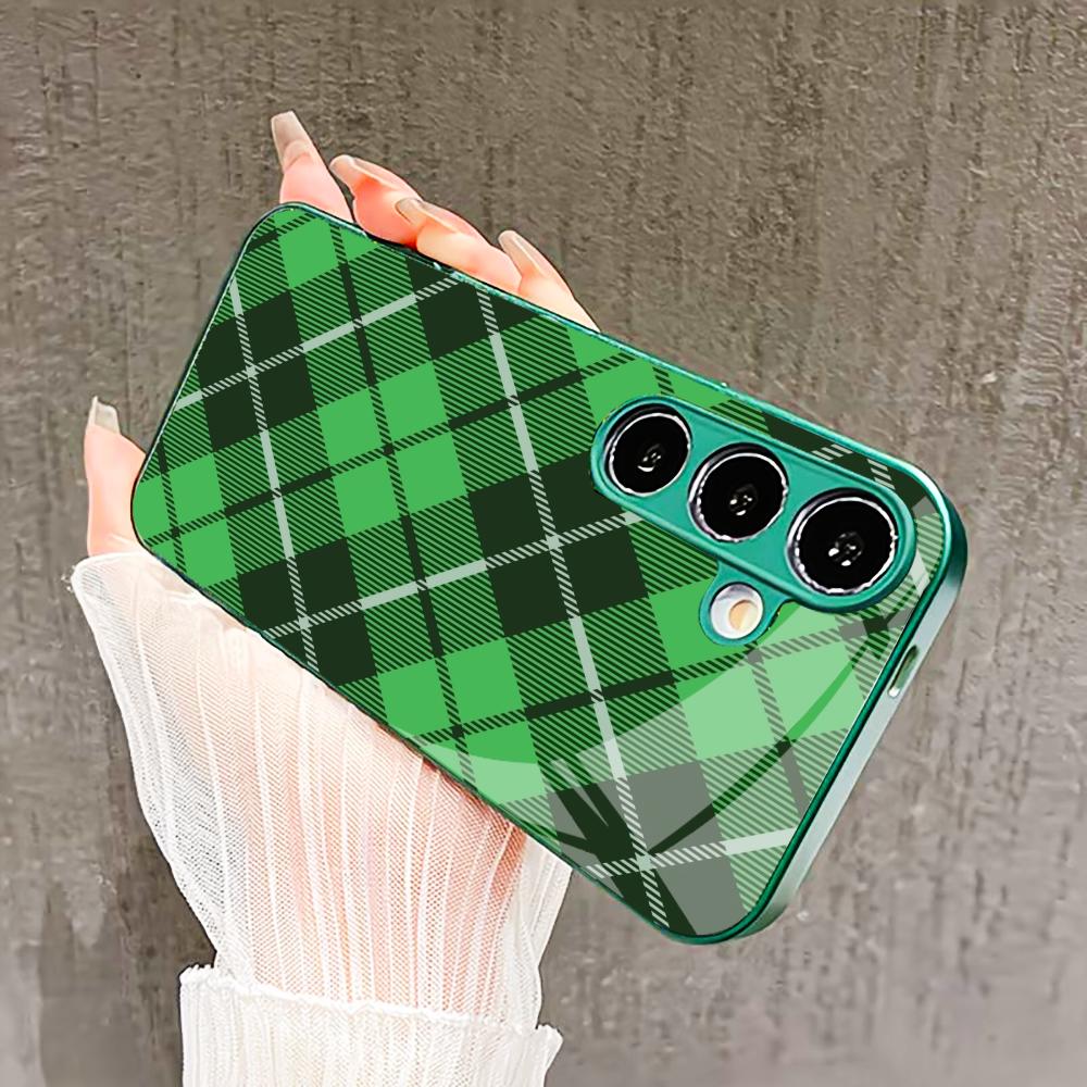 Checkered pattern PhoneCase Glass PhoneCase for Samsung Galaxy S26 S25 S24 S23 S22 FE Ultra Plus Built-in glass green Exquisite