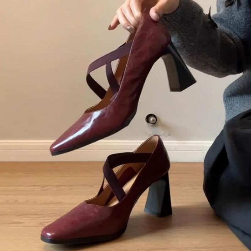 Comfortable Cross-tied Chunky Heel Pumps Women Elegant Square Toe Shallow Mouth Sandals Fashion Office Brand Shoes Tacones Mujer