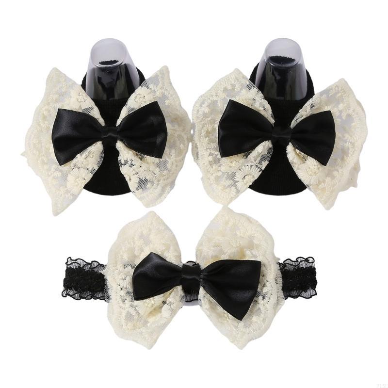 

P15E 2Pcs/Set Infant Headdress & Walking Socks Baby Floor Socks Bowknot Headband