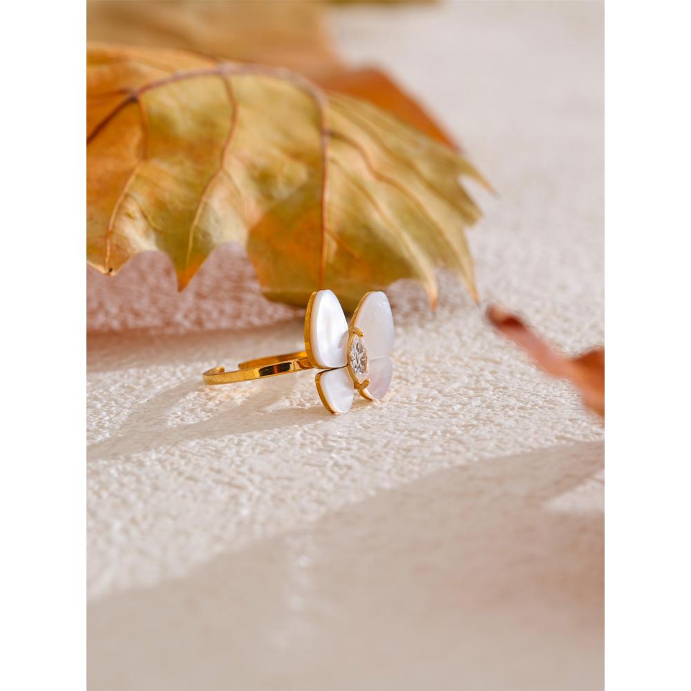 Eetit  316L Stainless Steel Zircon Natural Shell Butterfly Adjustable Ring High Quality Exquisite Popular Jewelry Gift PVD Plated