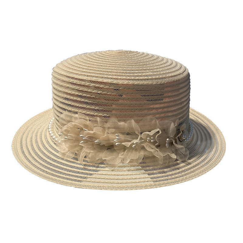 Summer New Flat-top Mesh Gauze Hat Women's British Retro French High-end Pearl Flower Decoration Elegant Outdoor Sun Protection