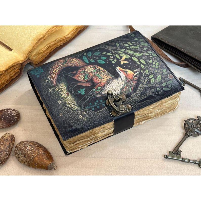 Fox Print Leather Journal With Deckle Edge Paper Handmade Leather Journal Book of Shadows Perfect for Blank Spell Books Gift For Her Him