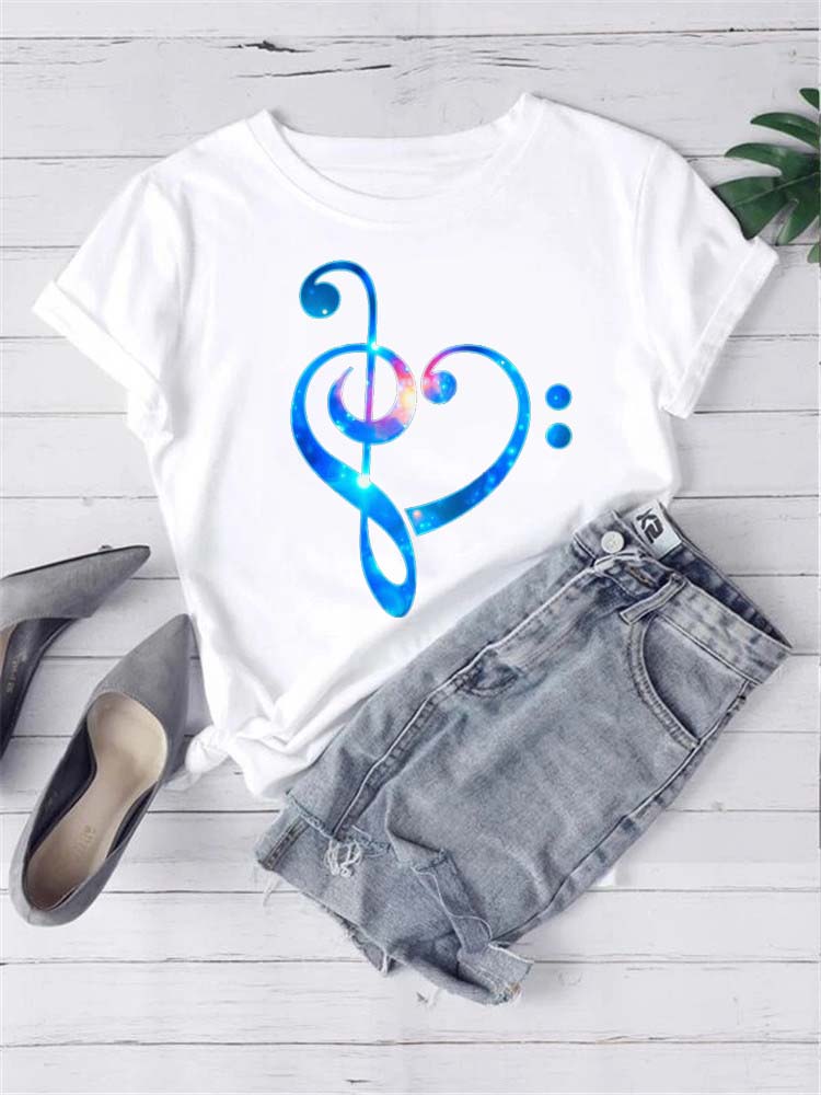 T-shirt Mode Femme Imprimé Notes de Musique T-shirt Décontracté Hauts Noirs Années 90 Dames Filles T-shirt FeUnisex Harajuku T-shirt Graphique
