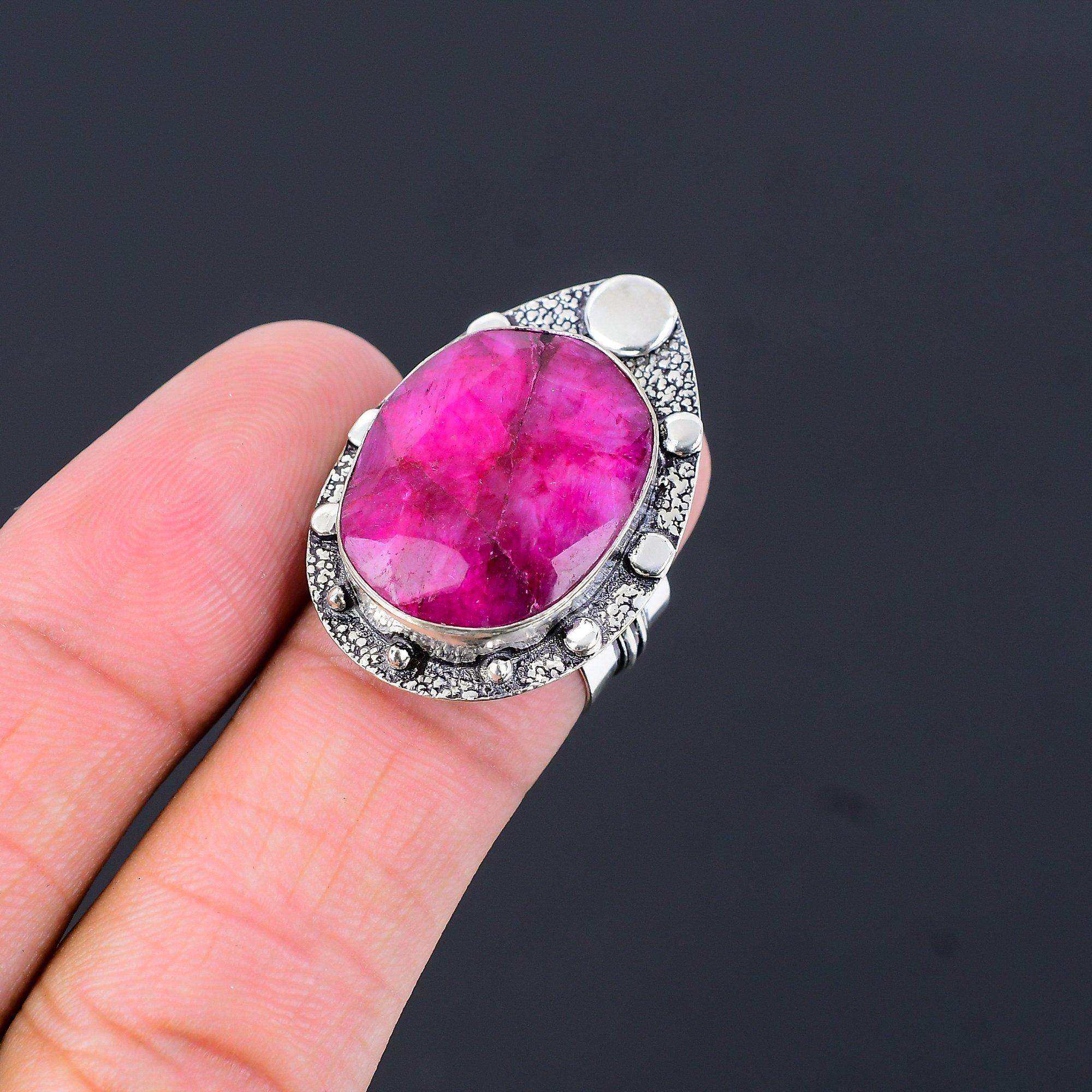 Kashmir Ruby Gemstone Engagement Boho Solitaire Unique Ring Size 7.5 925 Silver 7.5