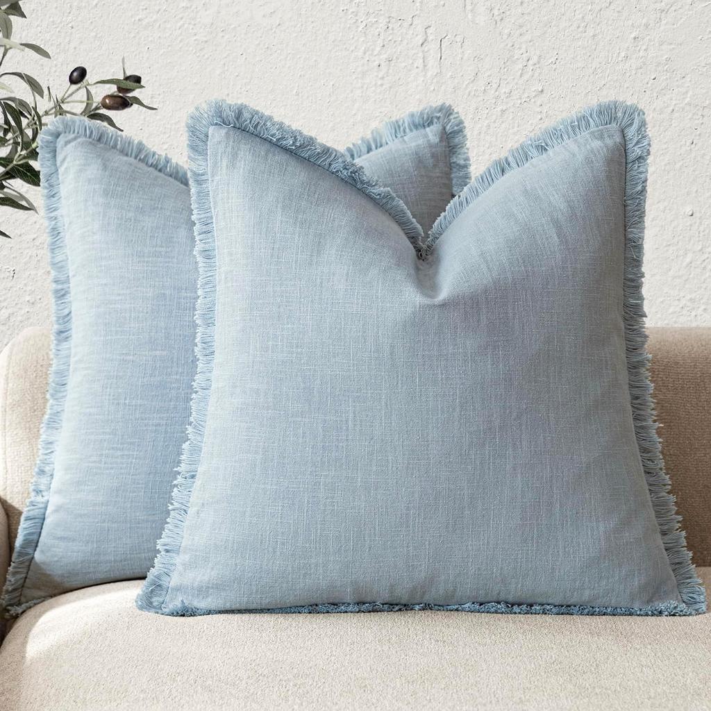 Fundas de Cojín Decorativas de Lino Verde Oliva con Flecos Estilo Boho Granja con Borlas Funda de Cojín para Sofá Sala de Estar 18×18 Pulgadas