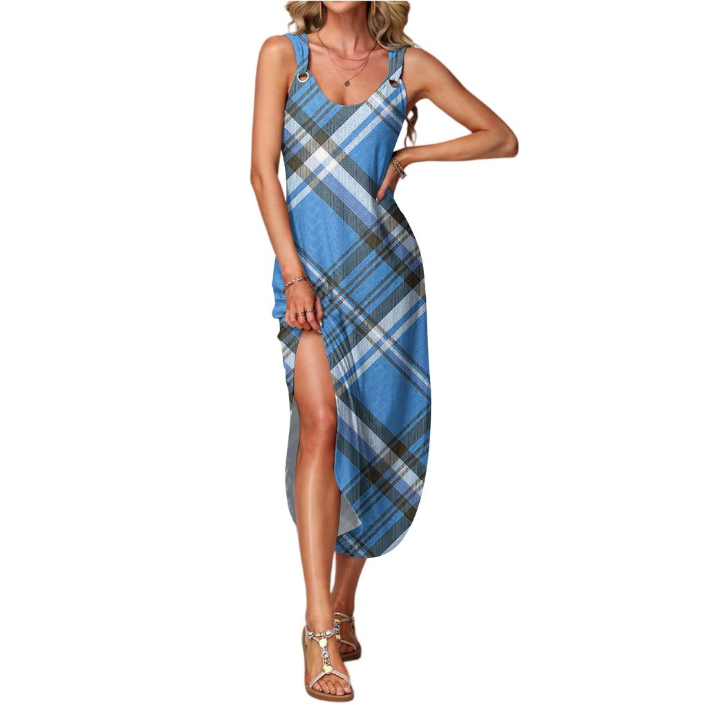 Women's Summer Long Dress, Sleeveless with Side Slits, Long Plaid Printed Vest Dress
