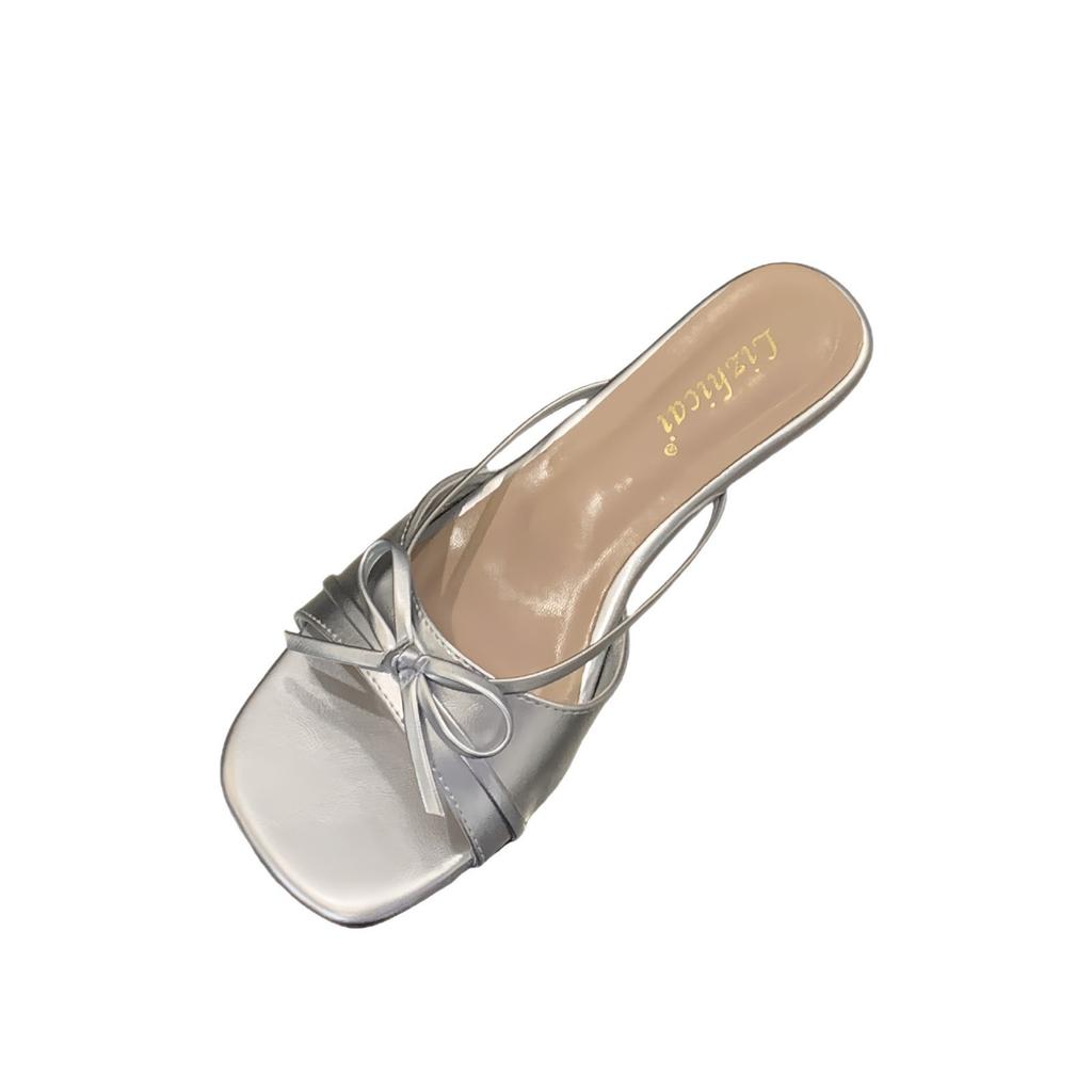 French Beautiful Cool Slippers Women'S Summer Wear Bow Flat Bottom One-Word With Skirt Beach Sandals