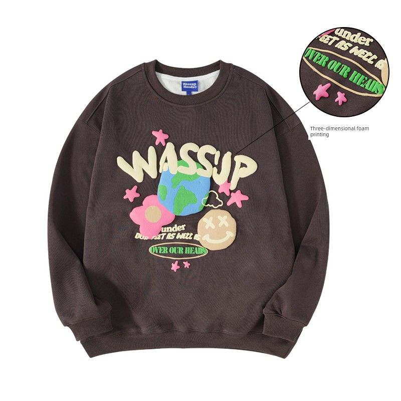 Wassup Heods Foam Stereo Letter Sweatshirt Men's Autumn and Winter Fleece-Lined Versatile Casual Round Neck Top for Couples