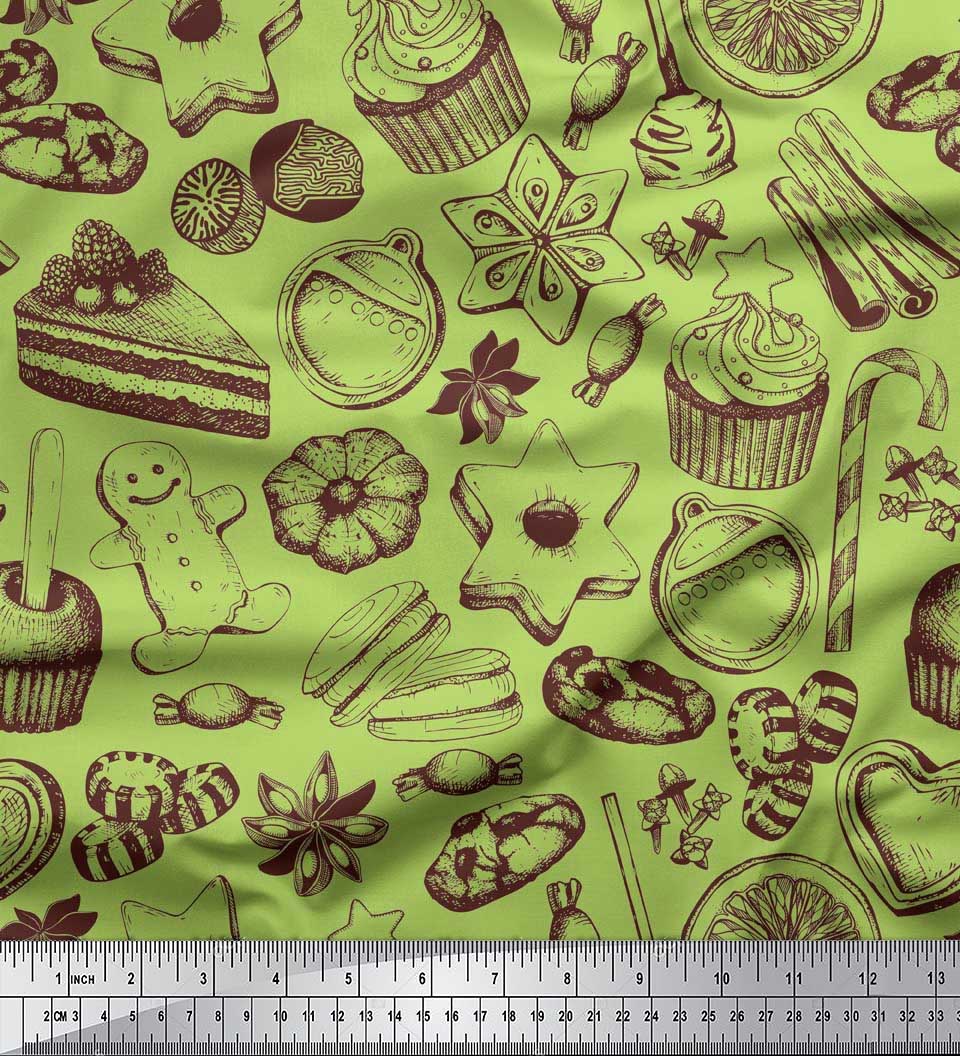 

Японська креп-сатин Soimoi Тканина для кексів, печива та цукерок з харчовими принтами 1 метр 42 дюйма 42 Inch Wide - Poly Crepe зелений