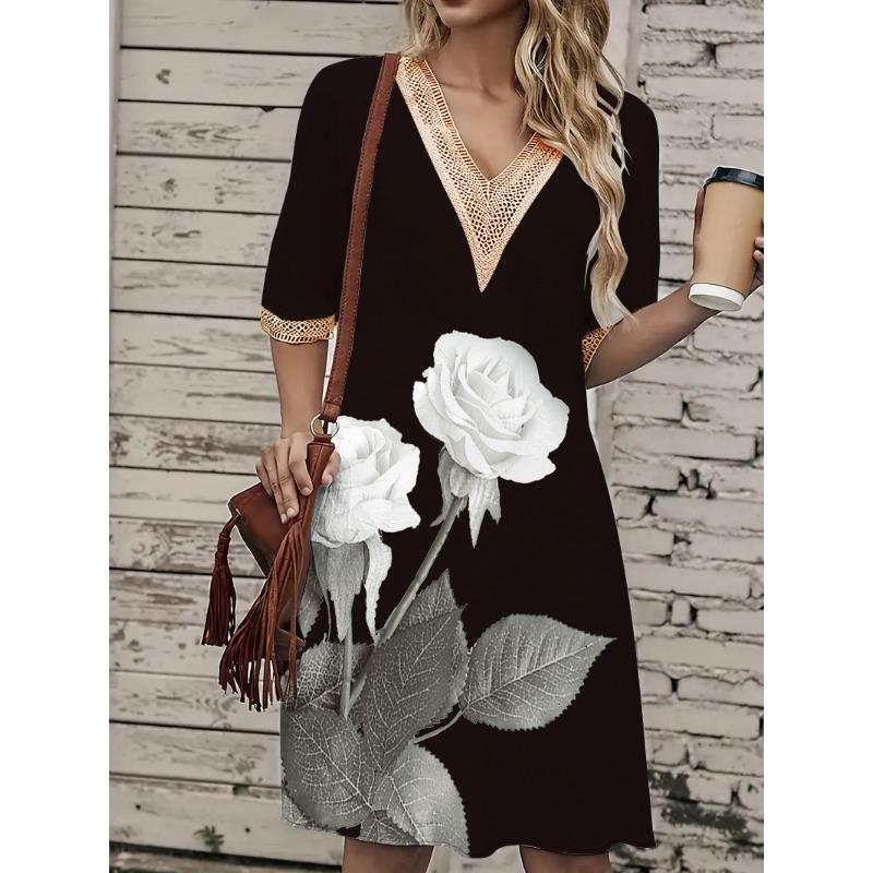 

Женское платье весна/лето с принтом, кружевное, с V-образным вырезом, свободное, с короткими рукавами, средней длины XXXL