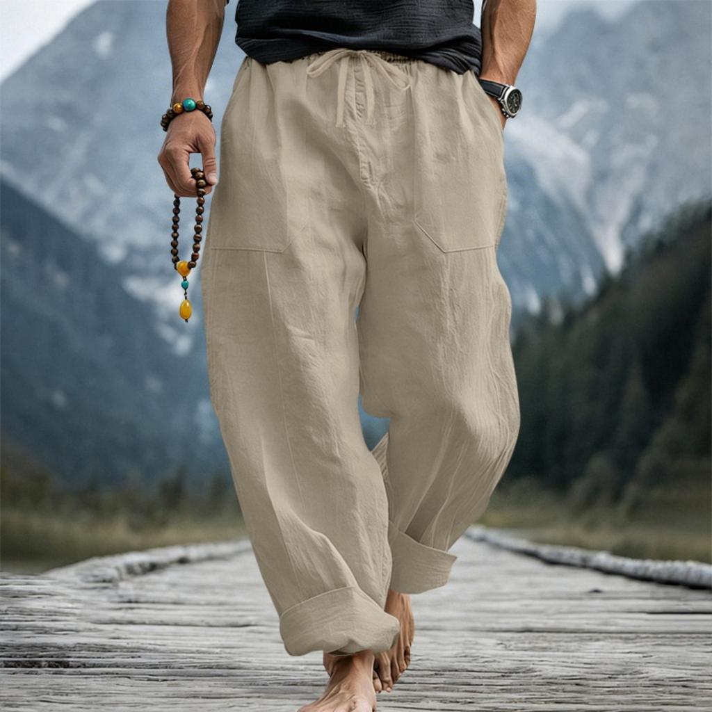 Men’s Loose Fit Linen Pants Breathable Sweat Absorbing Wide Leg Casual Trousers with Drawstring Waist Large Size for Daily Wear