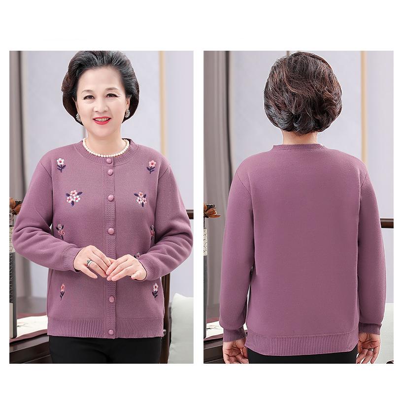 Podzimní a zimní svetr s dlouhým rukávem Plus sametový teplý pletený svetr Matka středního a staršího věku Vyšívané zapínání Košile Kabát Ženy