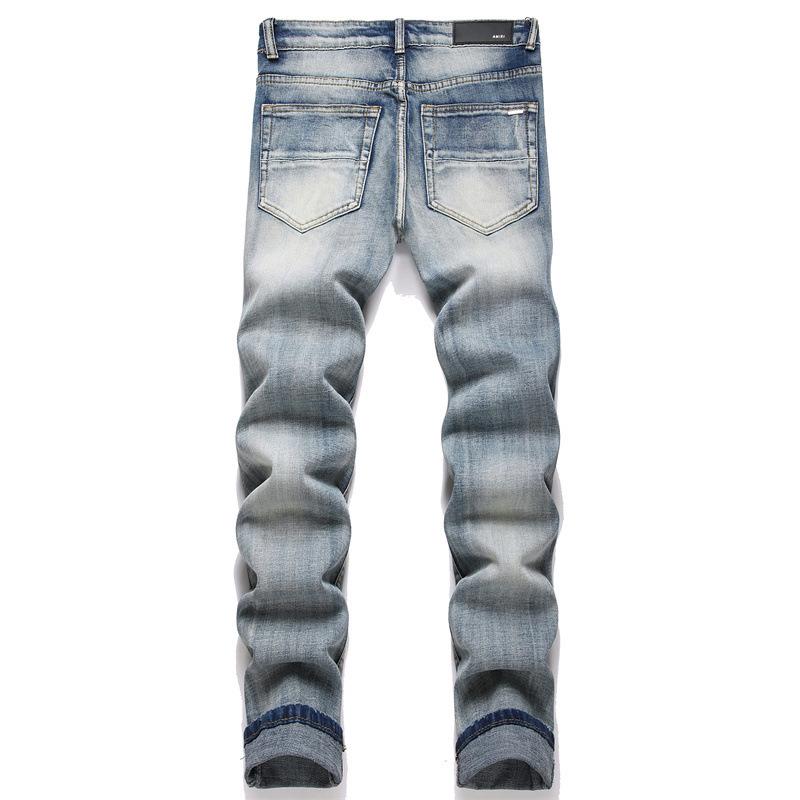 Verwaschene Blaue Distressed Bestickte Herren Skinny Jeans