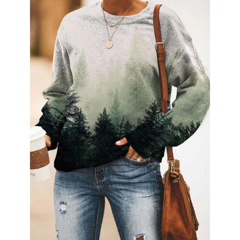 Round Neck 3D Gradient Color Printed Top Fashionable Casual Long Sleeved Women's T-shirts