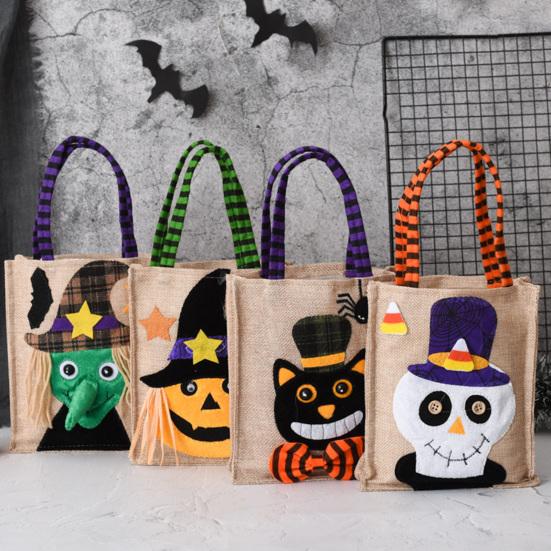 Kindergarten Activity Bags Halloween Candy with Handles, Non Woven Trick or Treat Totes Reusable Linen Sacks for Kids, Black Cat Pumpkin Ghost Goodie