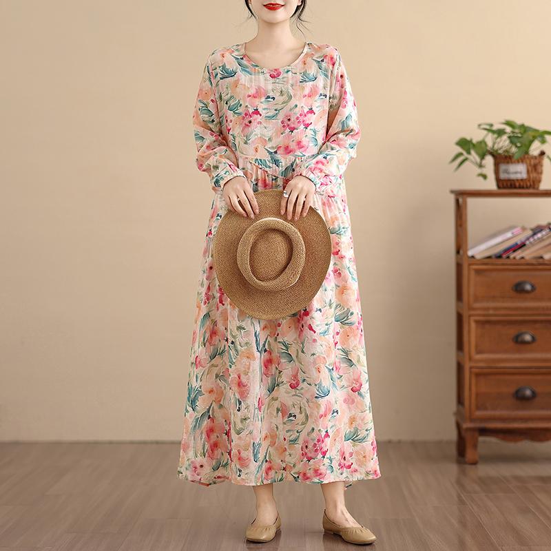 DIMANAF New 2025 Women Plus Size Spring Long Dress Loose Basic Vintage Oversize Long Sleeve Maxi Floral