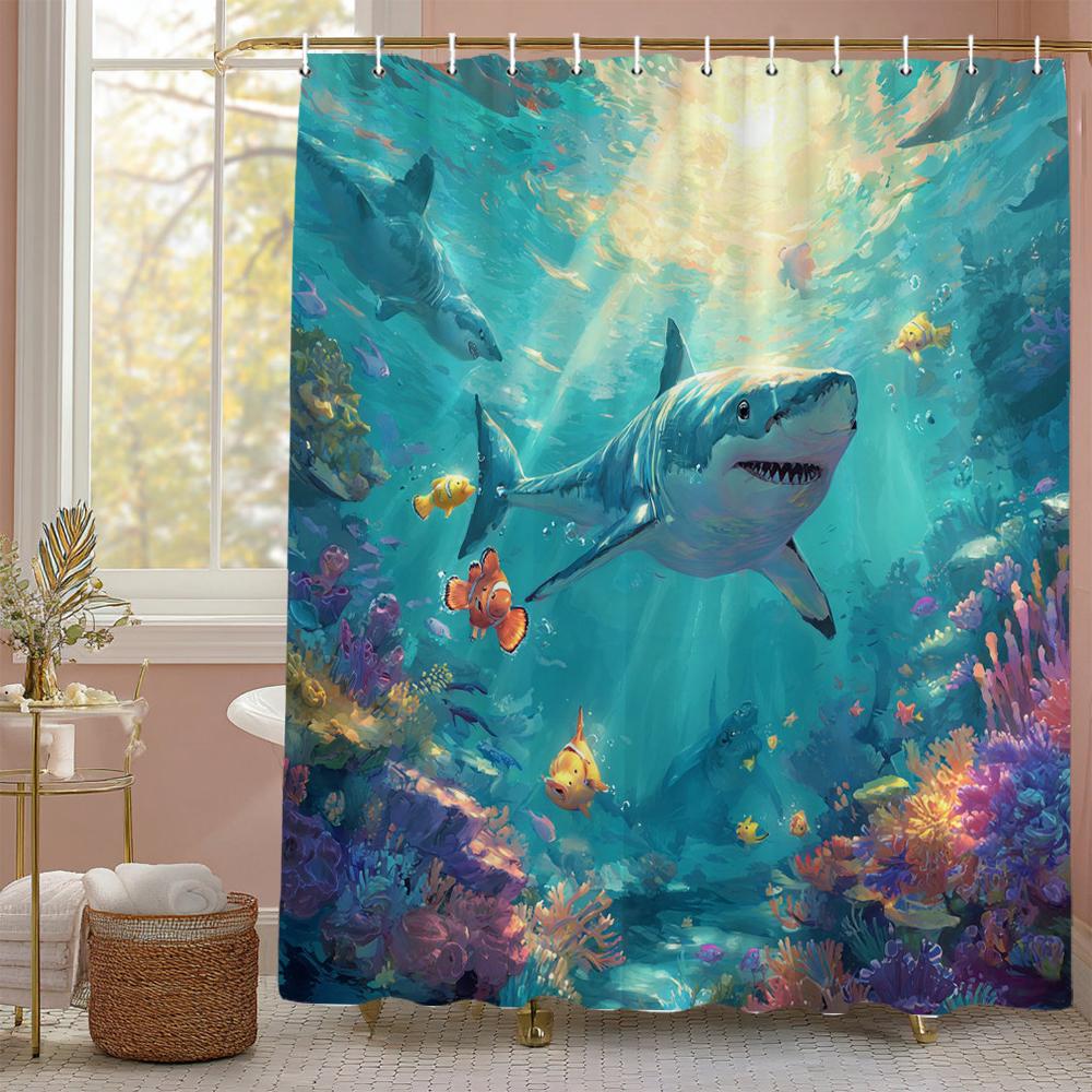 Underwater World Ocean Dolphin Jellyfish Shower Curtain, Bathroom Decorative Shower Curtain, Waterproof Shower Curtain with Hook