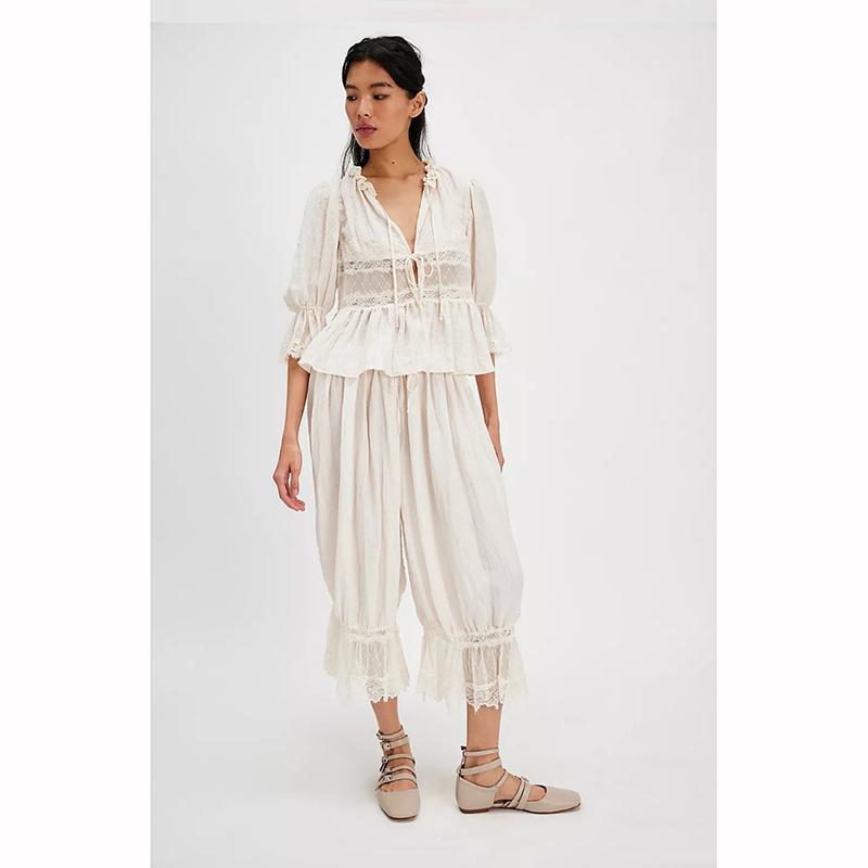 

Женские Y2K Брюки-шаровары свободного кроя, укороченные, на кулиске, с высокой талией, с цветочным кружевным пэчворком, длиной до икры, брюки-фонарики XS белый