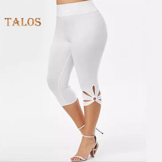 Women Leggings Mid-rise High Elasticity Cropped Pants Solid Color High Waist Yoga Pants Petal Cuffs Slim Fit Yoga Leggings