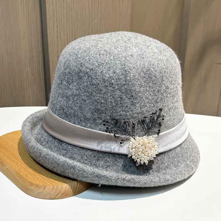 British Retro Rhinestone Buckle Decorative Temperament Wool Woolen Top Hat Women'S Autumn And Winter Crimped Basin Hat Versatile Warm Knitted Hat