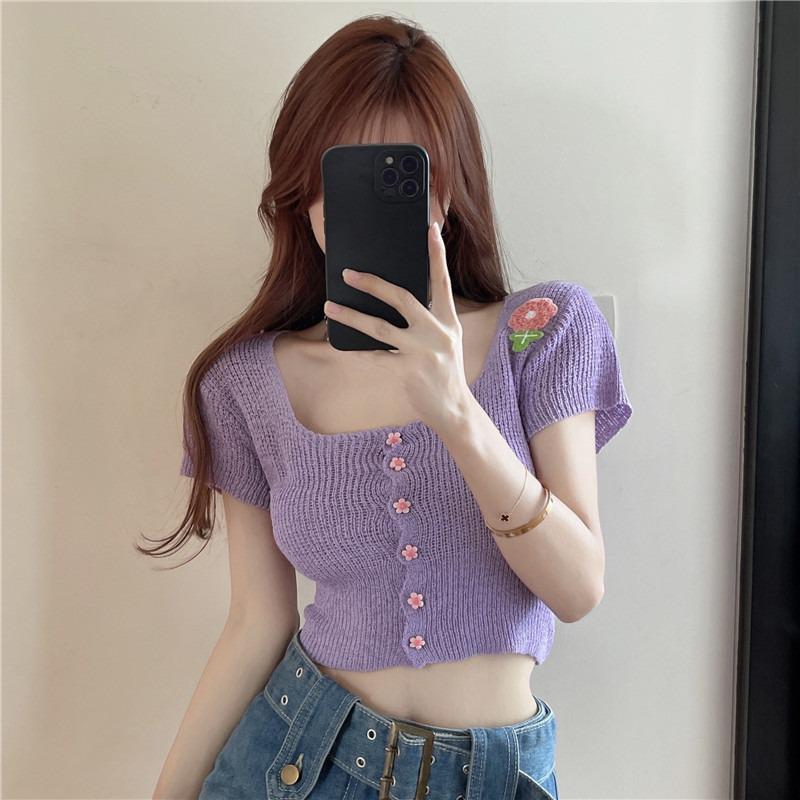 Women's Summer 2025 Knitted Short-Sleeve T-Shirt - New Design with Sweet and Spicy Style, Square Neck, Pure Charm Top.
