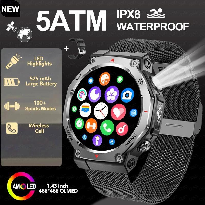2026 New Flashlight-UV Light Smart Watch 5ATM Waterproof 1.43 Inch AMOLED Heart Rate 100 Sport Modes Bluetooth Call Smart Watch