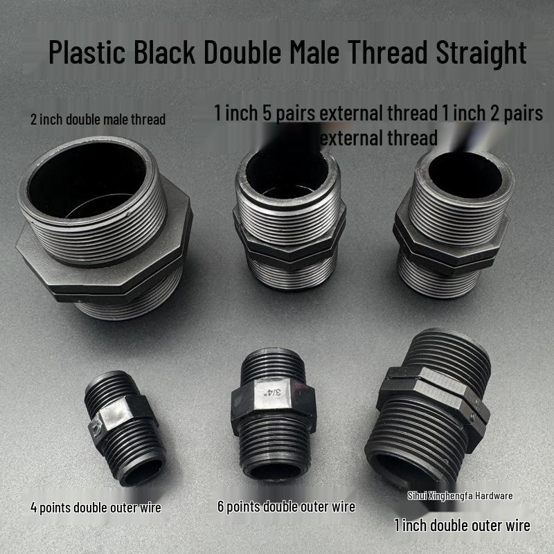 PVC Black Double-Threaded Straight Adapter, 1/2" to 3/4" - Dual External Threads Nipple Connector